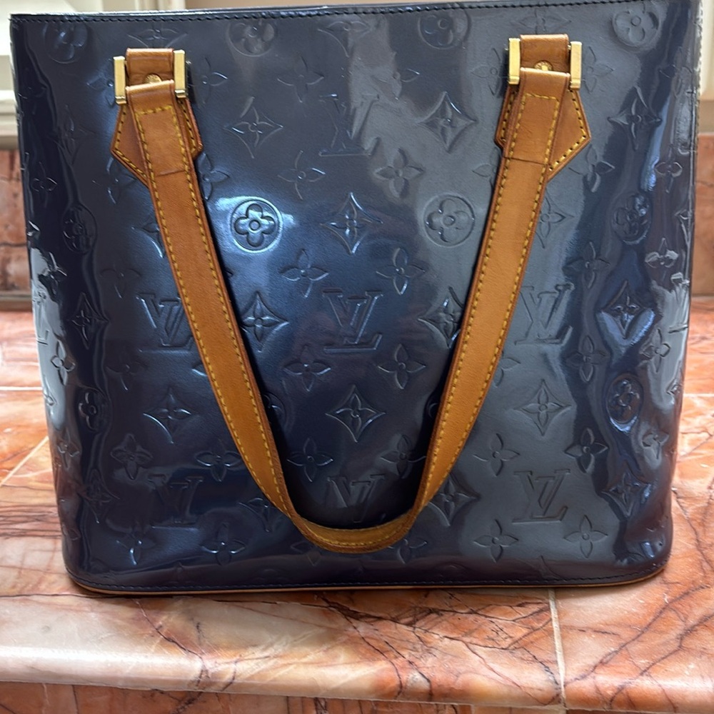 Louis Vuitton Monogram Vernis Steel Blue Houston top handle bag with dust bag.